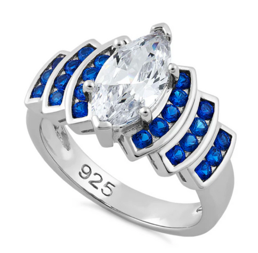 Sterling Silver Elegant Blue Spinel Marquise Clear CZ Ring