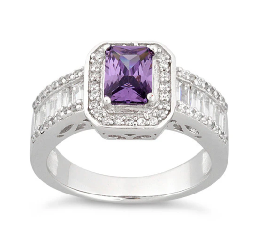 Sterling Silver Emerald Cut Amethyst Clear CZ Ring