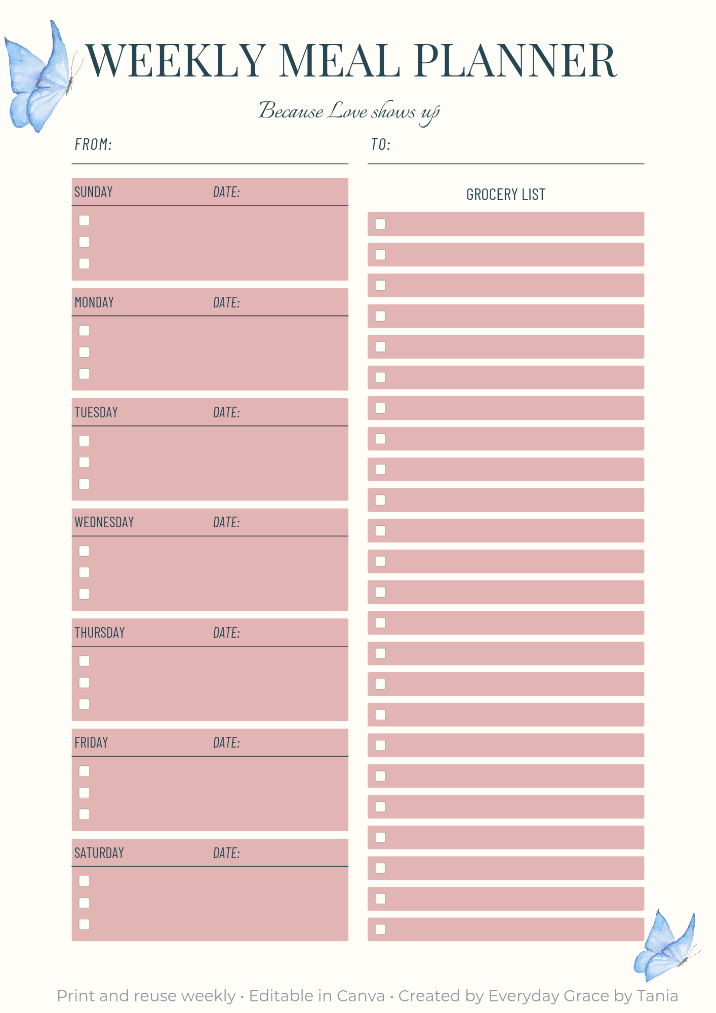 Weekly Meal Planner | Soft Blush| Digital Download | Everyday Grace