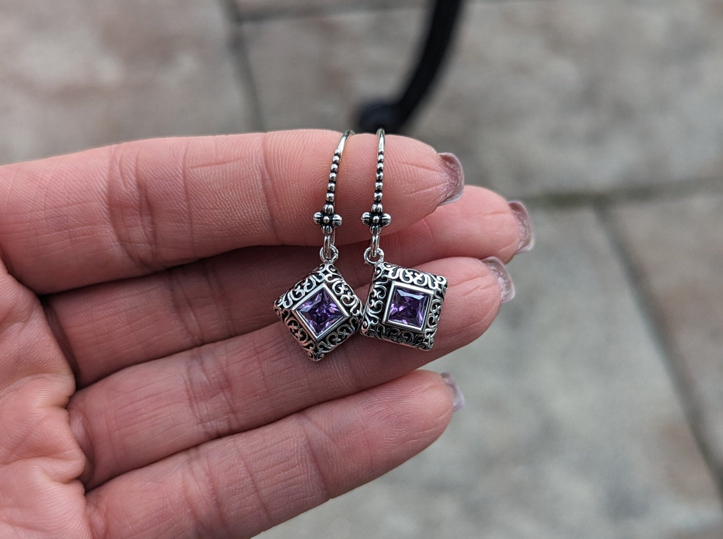 Sterling Silver Purple Ornate Square Cut Earrings