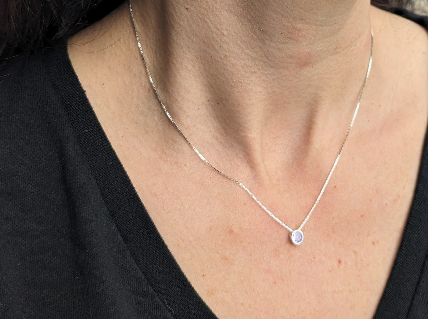 Sterling Silver Purple Bezel Solitaire Necklace