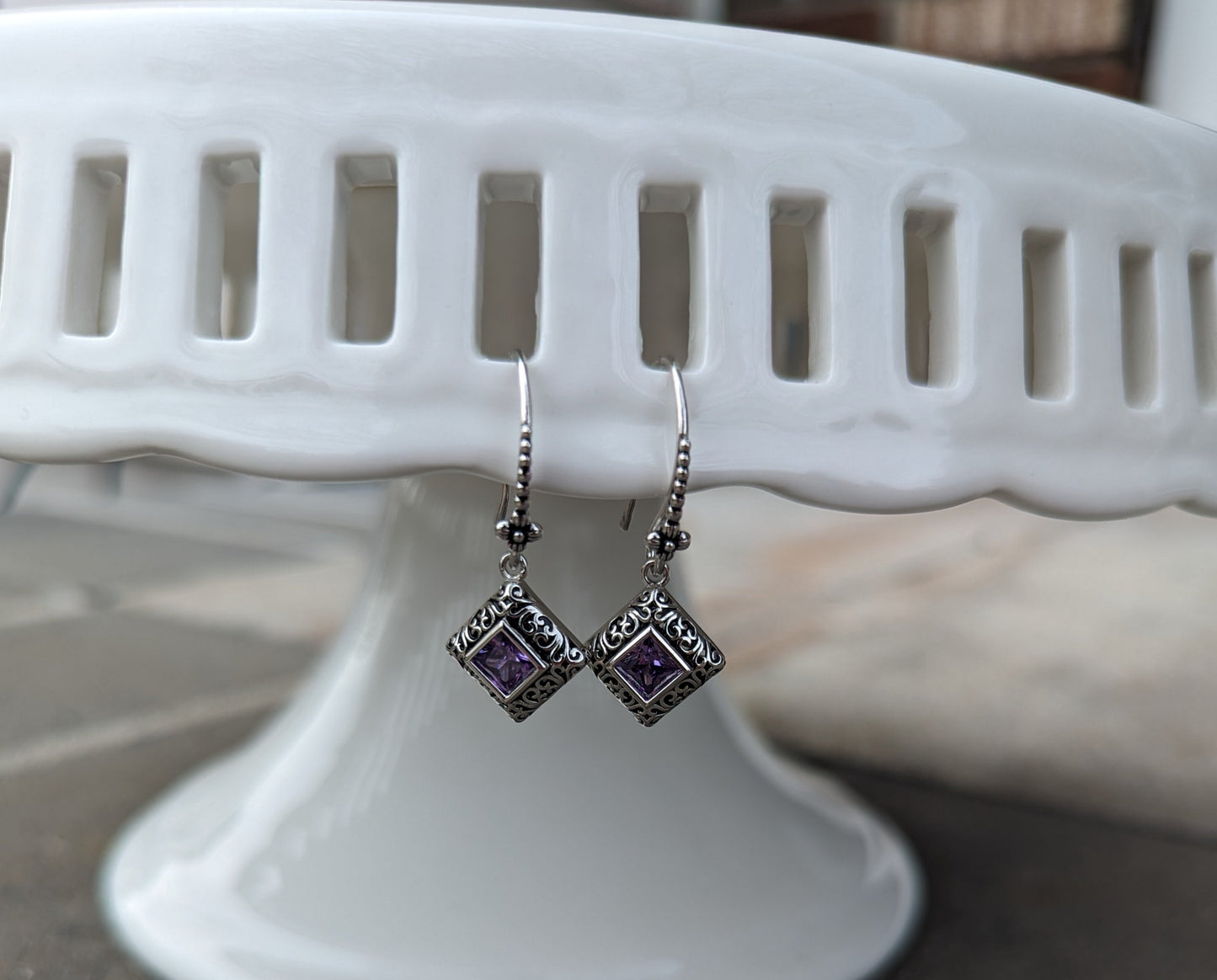 Sterling Silver Purple Ornate Square Cut Earrings