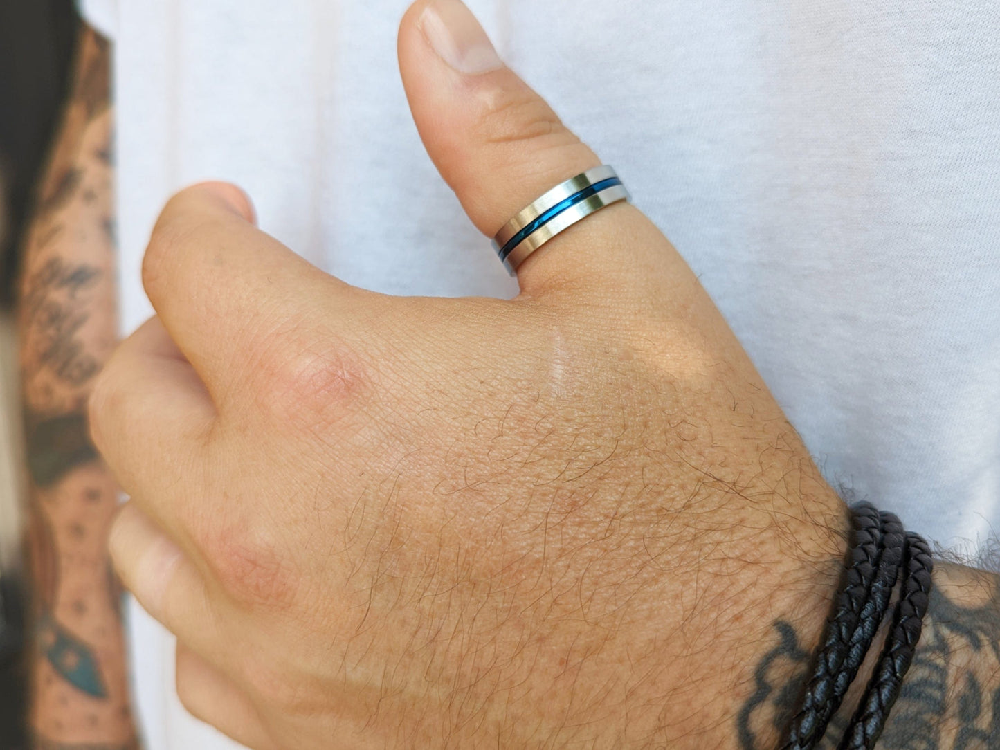 Stainless Steel Satin Finish Blue Striped Band Ring - Men’s