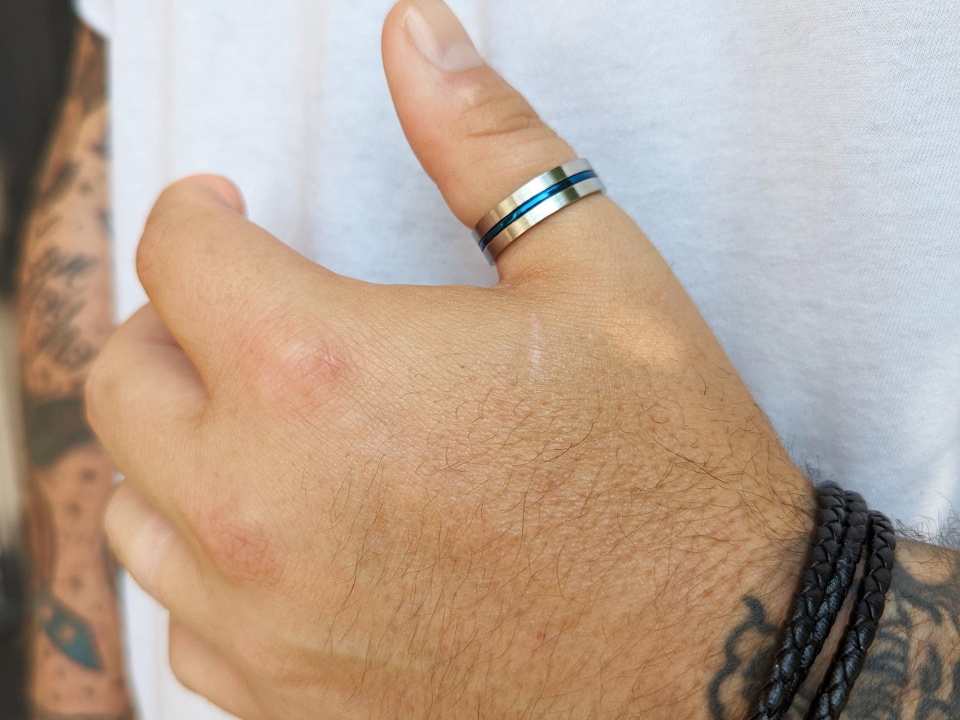 Stainless Steel Satin Finish Blue Striped Band Ring - Men’s