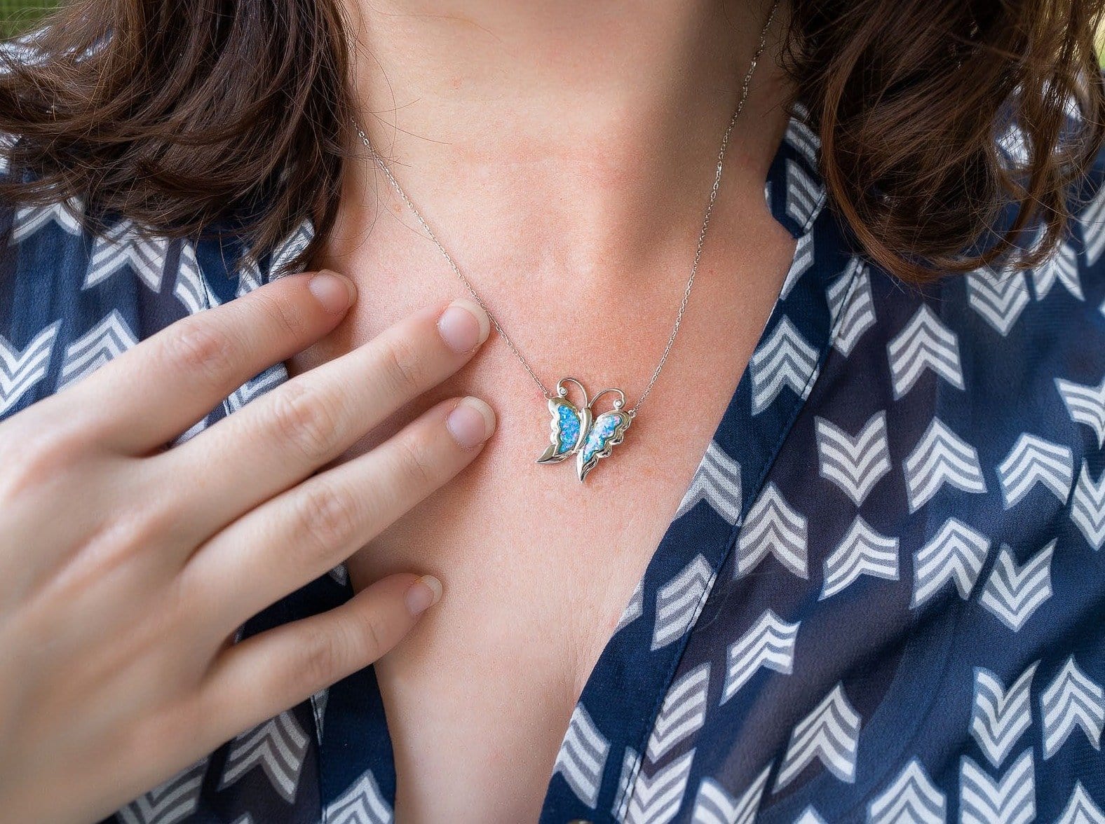 Sterling Silver Blue Lavender Butterfly Necklace - Jewelry