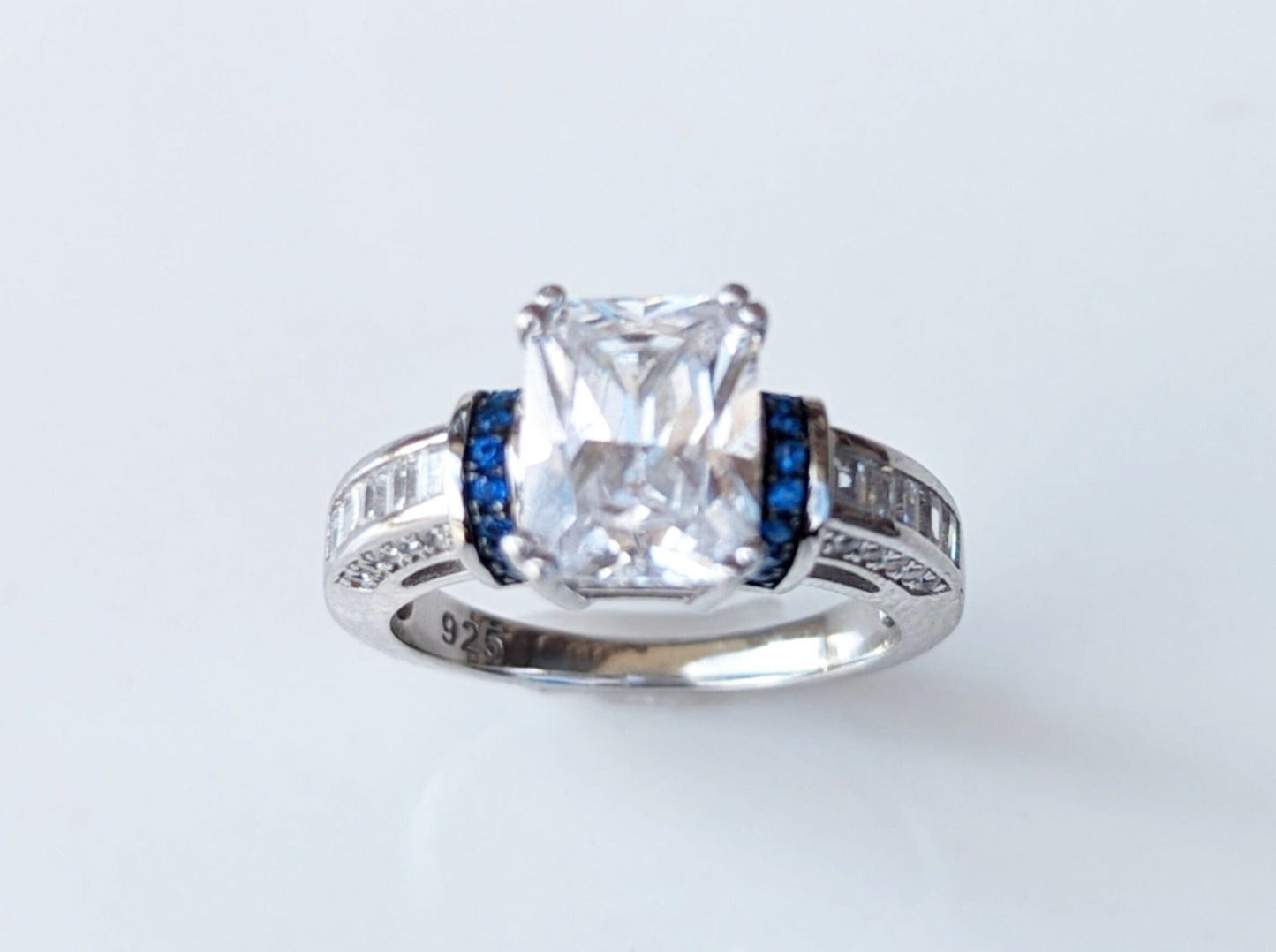 Sterling Silver Clear Emerald Cut Blue CZ Ring