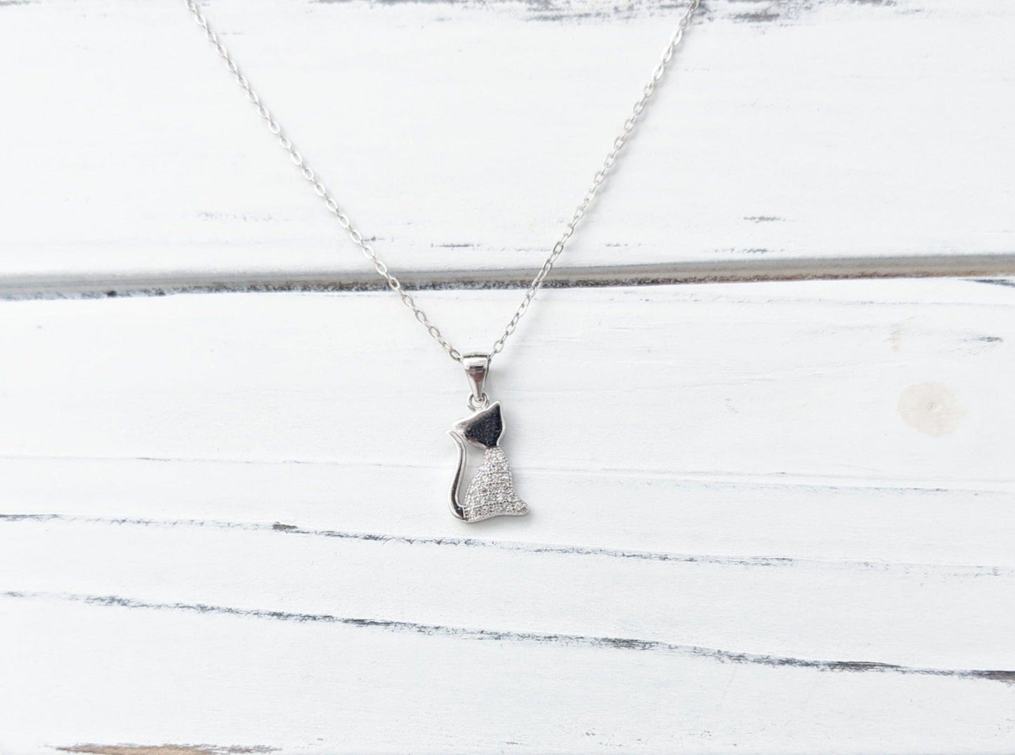 Sterling Silver Cubic Zirconia Cat Necklace - Jewelry