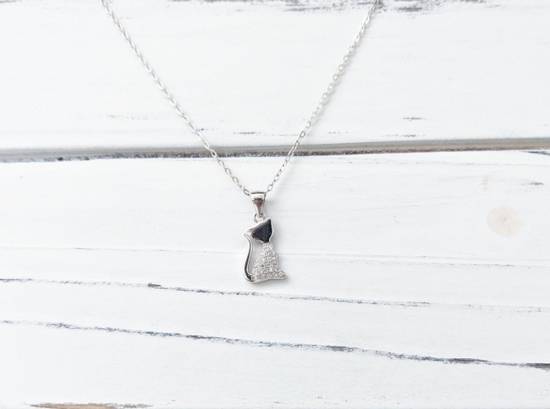 Sterling Silver Cubic Zirconia Cat Necklace - Jewelry