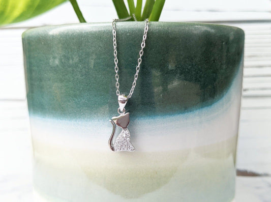 Sterling Silver Cubic Zirconia Cat Necklace - Jewelry