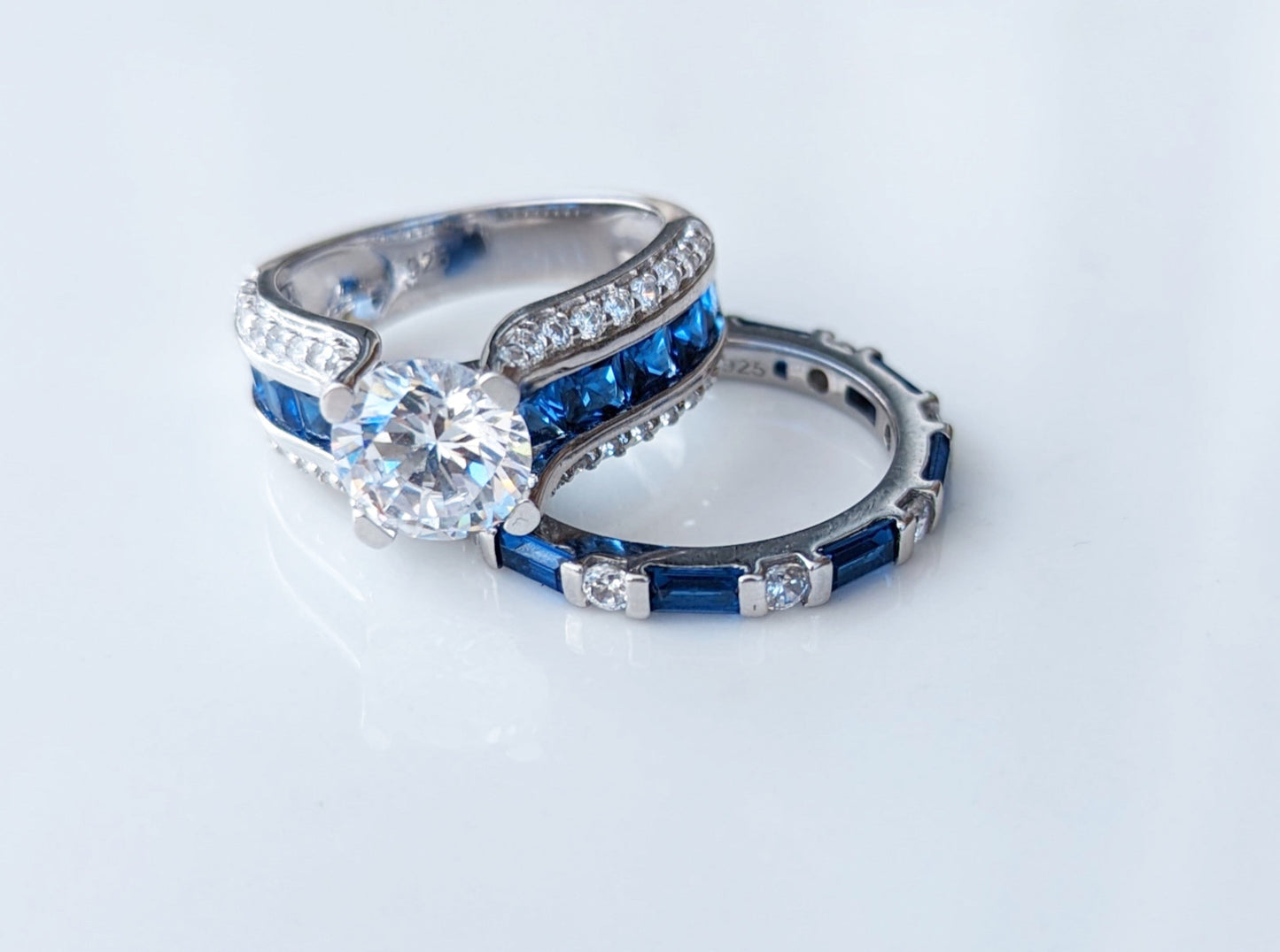 Sterling Silver Round & Princess Cut Clear & Blue Spinel CZ