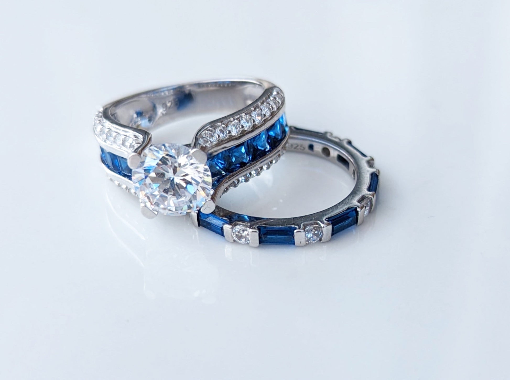 Sterling Silver Round & Princess Cut Clear & Blue Spinel CZ