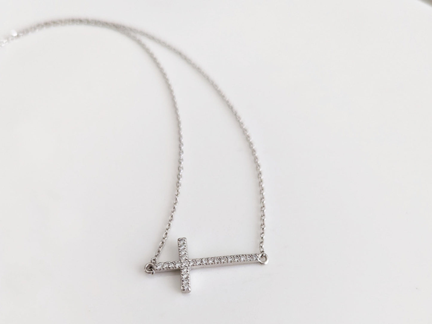 Sterling Silver Sideways Cubic Zirconia Cross Necklace -