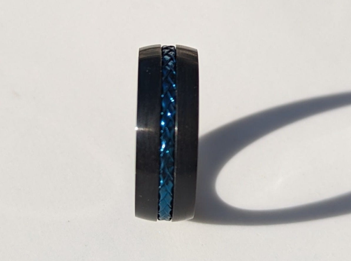 Titanium Black with Blue Steel Cable Band Ring - Men’s