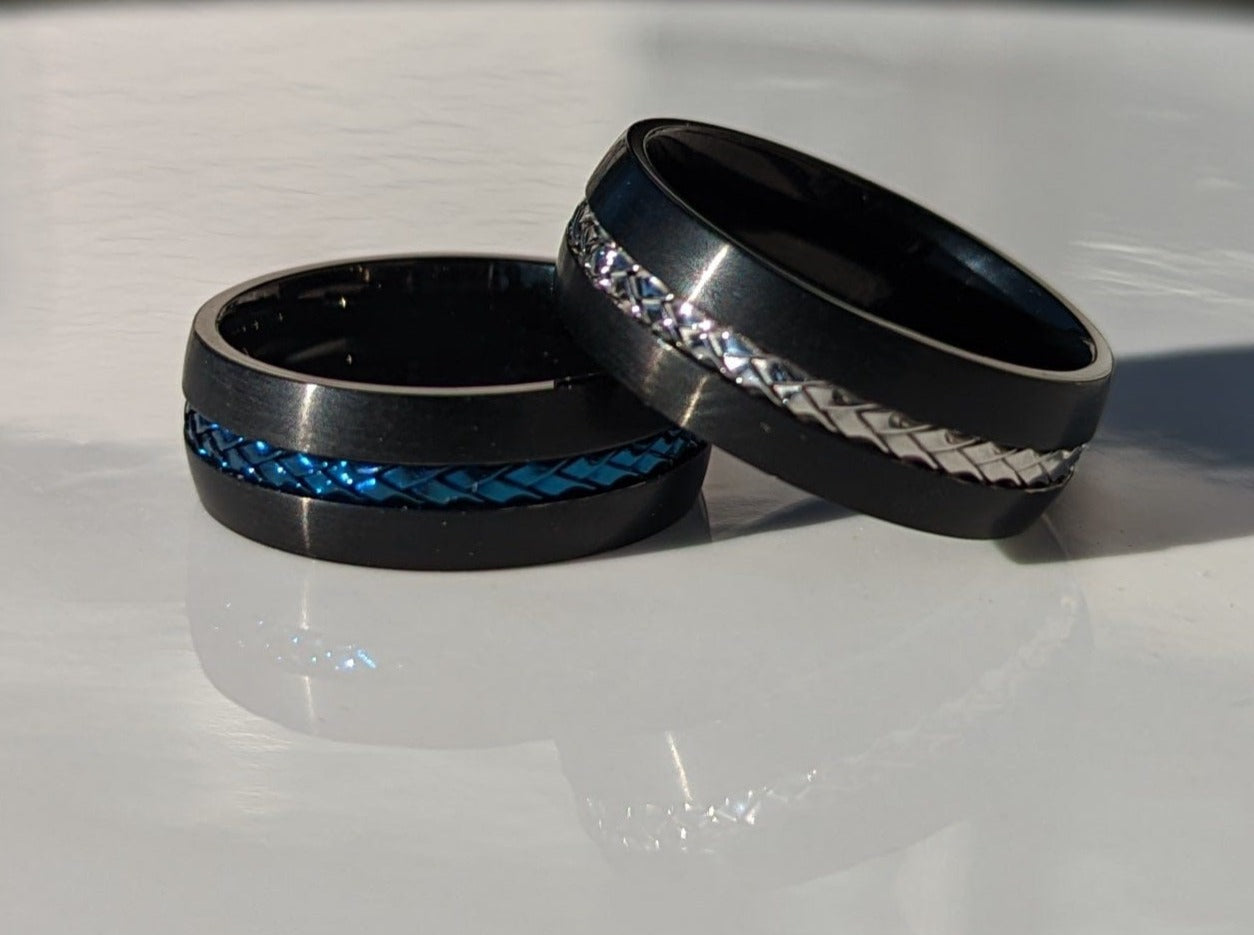 Titanium Black with Silver Steel Cable Band Ring - Men’s
