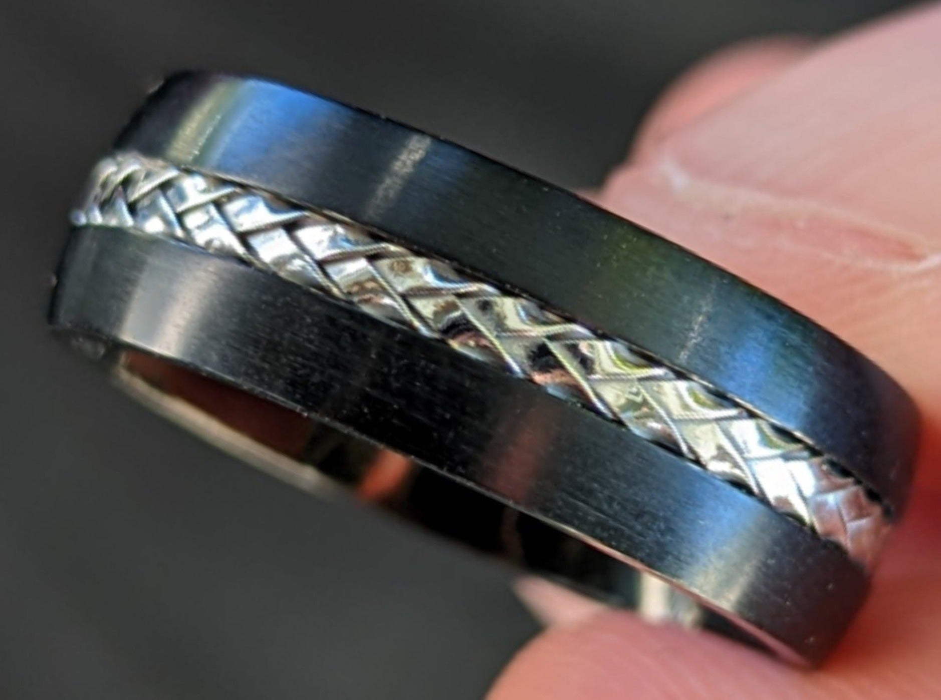 Titanium Black with Silver Steel Cable Band Ring - Men’s