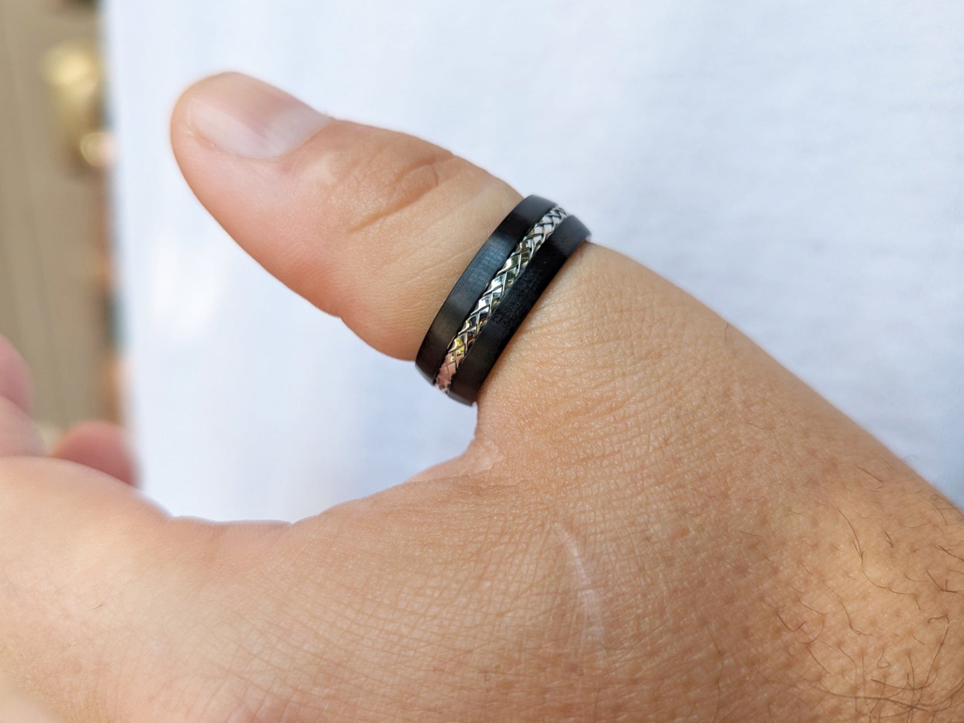 Titanium Black with Silver Steel Cable Band Ring - Men’s