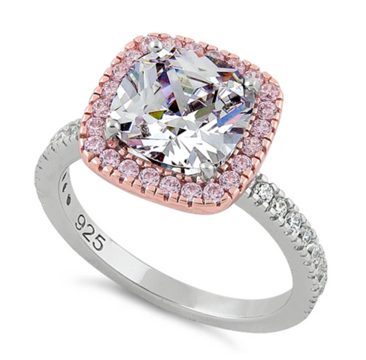 Sterling Silver Two Tone Rose Gold Plated Cushion Cut Clear & Pink CZ Ring