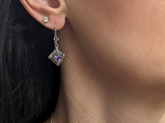 Sterling Silver Purple Ornate Square Cut Earrings