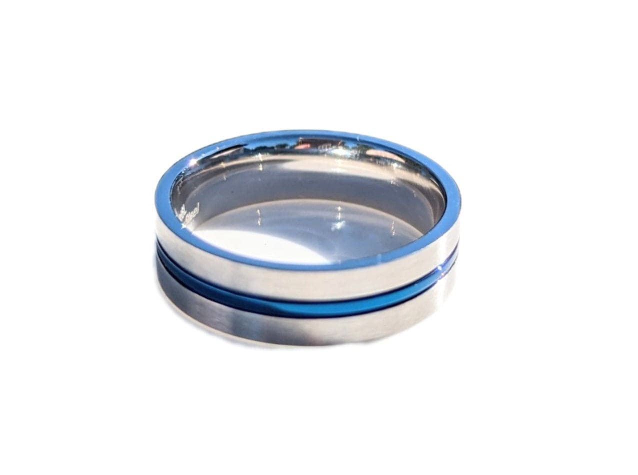 Stainless Steel Satin Finish Blue Striped Band Ring - Men’s