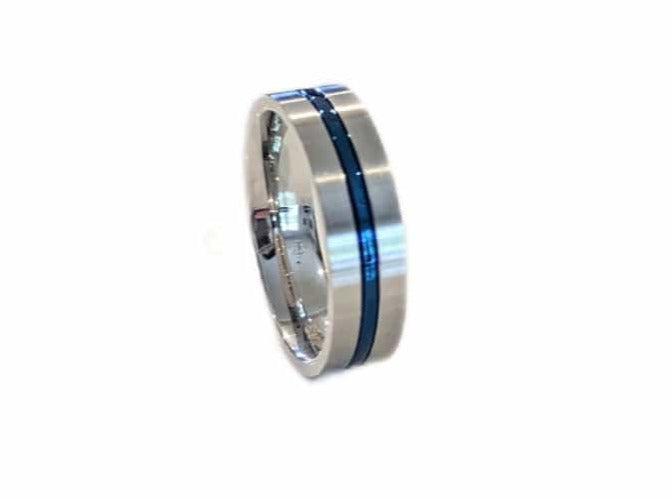 Stainless Steel Satin Finish Blue Striped Band Ring - Men’s