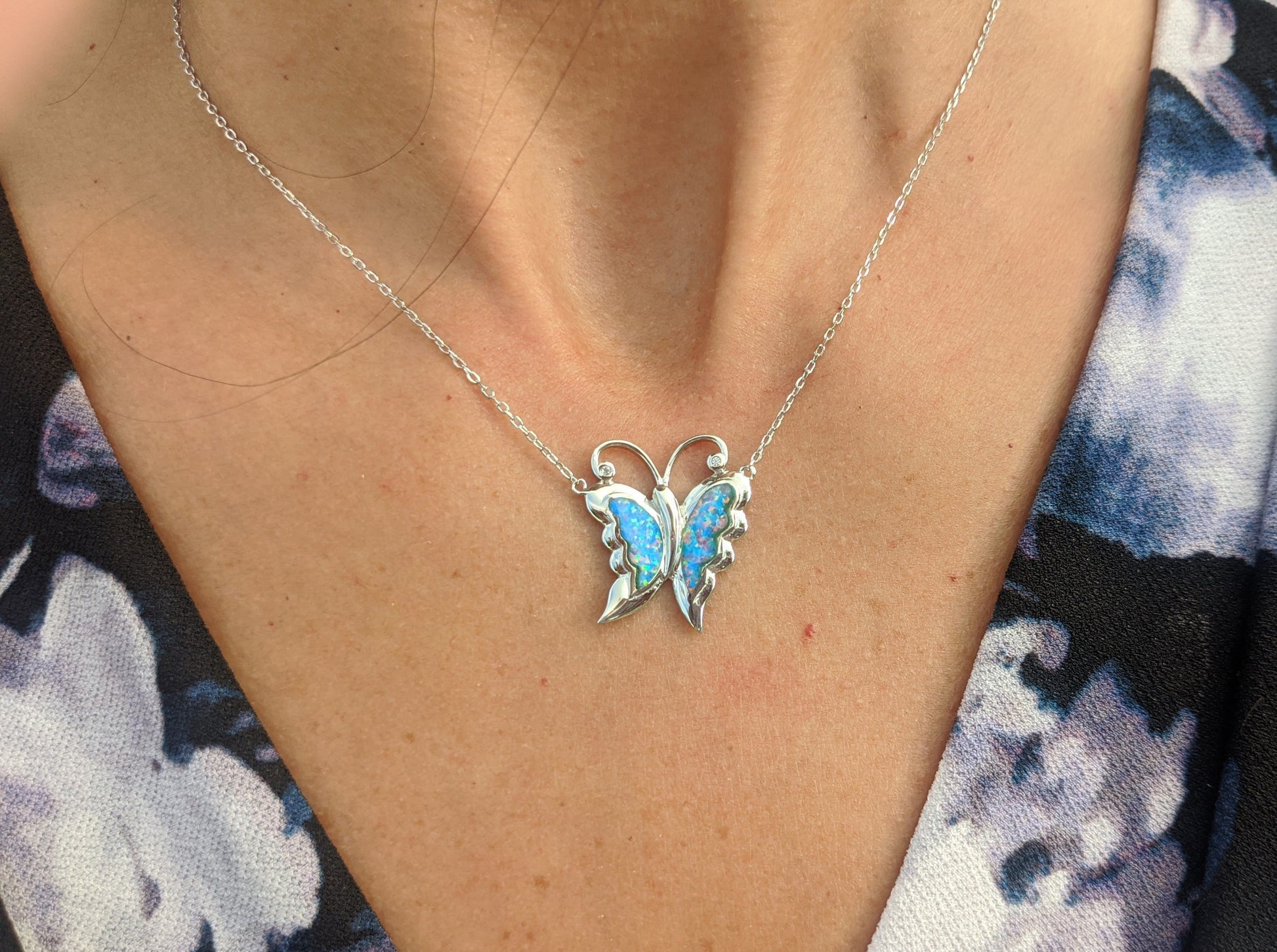 Sterling Silver Blue Lavender Butterfly Necklace - Jewelry