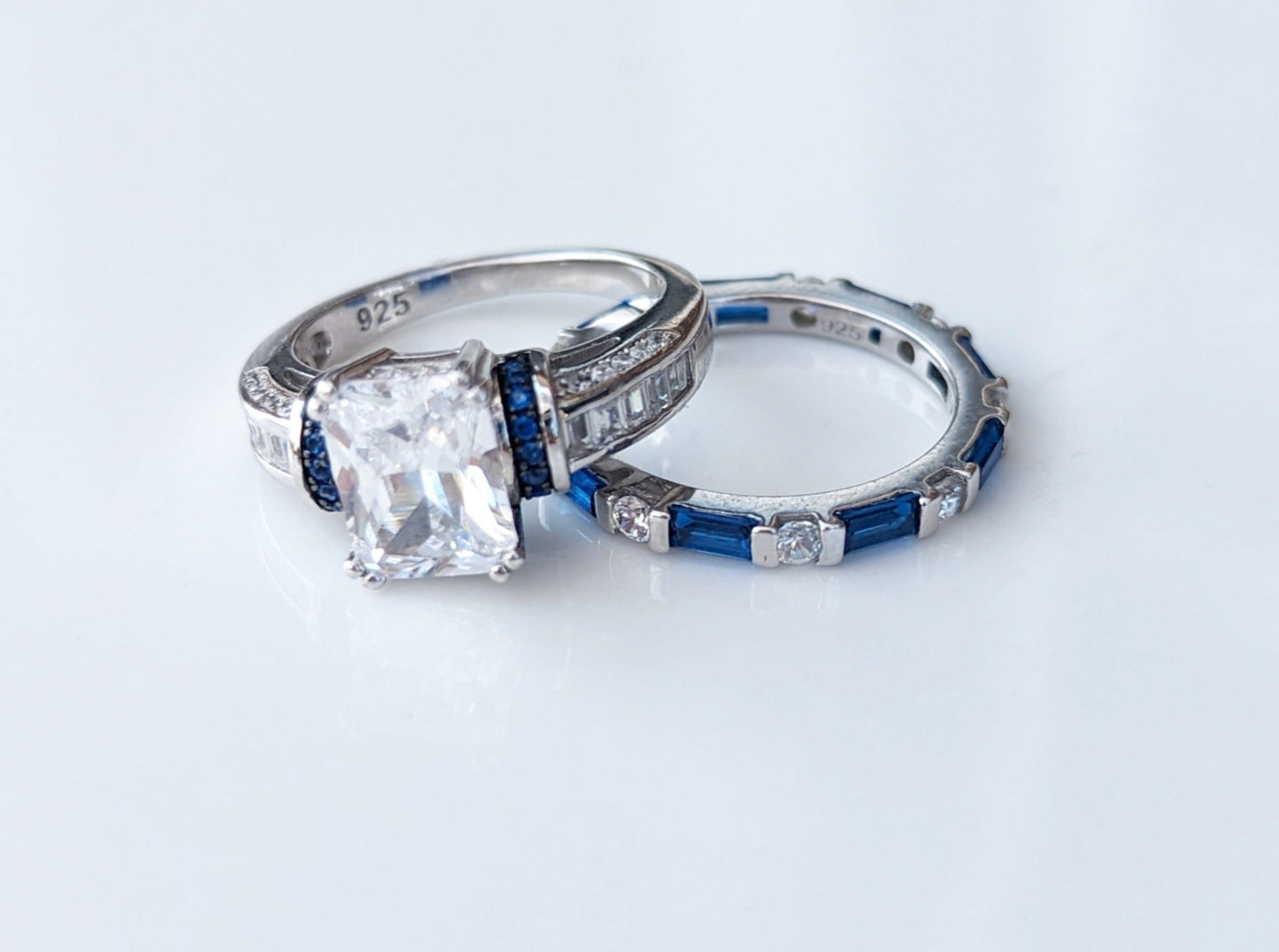 Sterling Silver Clear Emerald Cut Blue CZ Ring