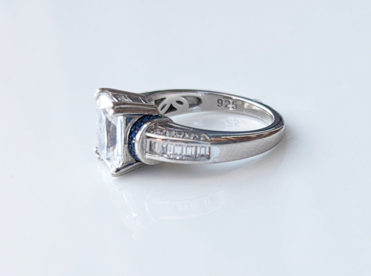 Sterling Silver Clear Emerald Cut Blue CZ Ring