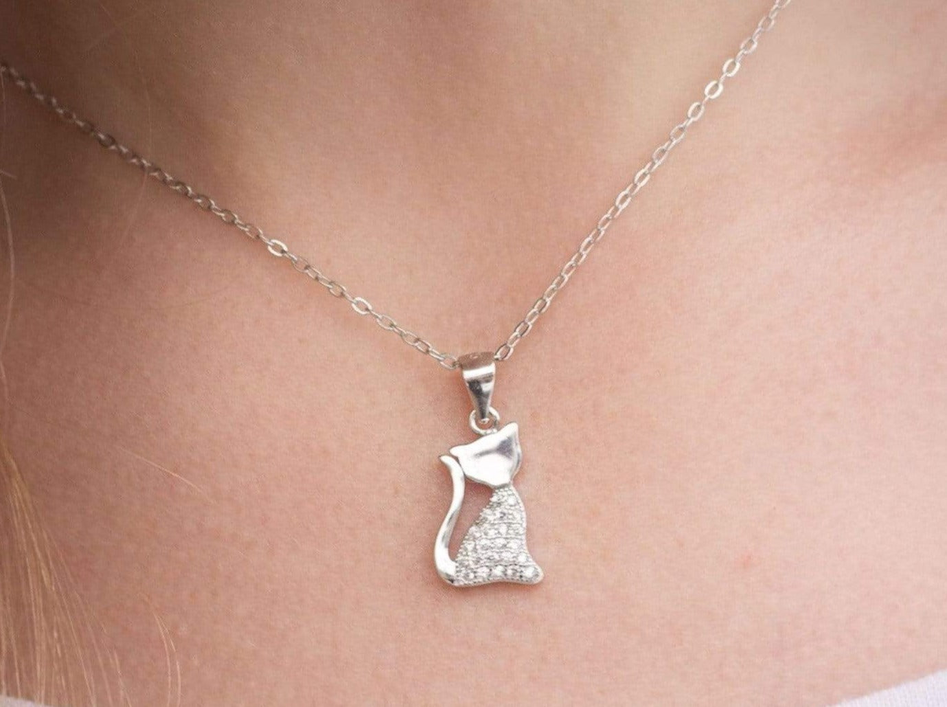 Sterling Silver Cubic Zirconia Cat Necklace - Jewelry