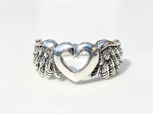 Sterling Silver Heart with Angel Wings Ring - Jewelry