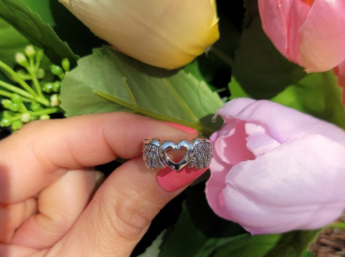 Sterling Silver Heart with Angel Wings Ring - Jewelry