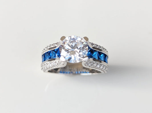 Sterling Silver Round & Princess Cut Clear & Blue Spinel CZ