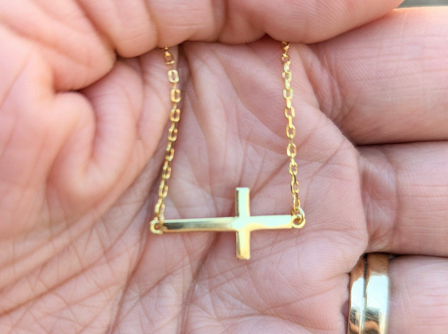 Sterling Silver Sideways Cross Necklace - Gold Plated -