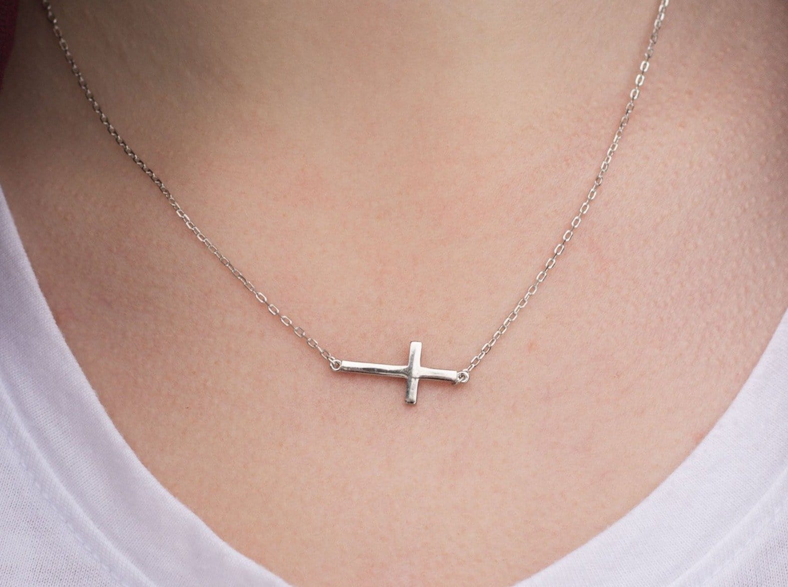 Sterling Silver Sideways Cross Necklace - Jewelry