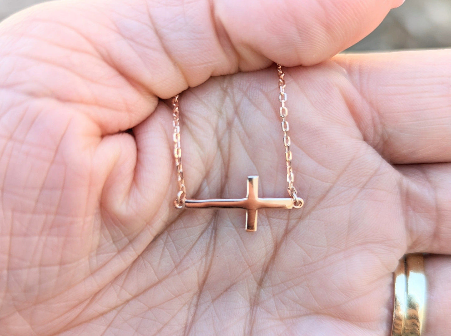 Sterling Silver Sideways Cross Necklace - Rose Gold Plated -
