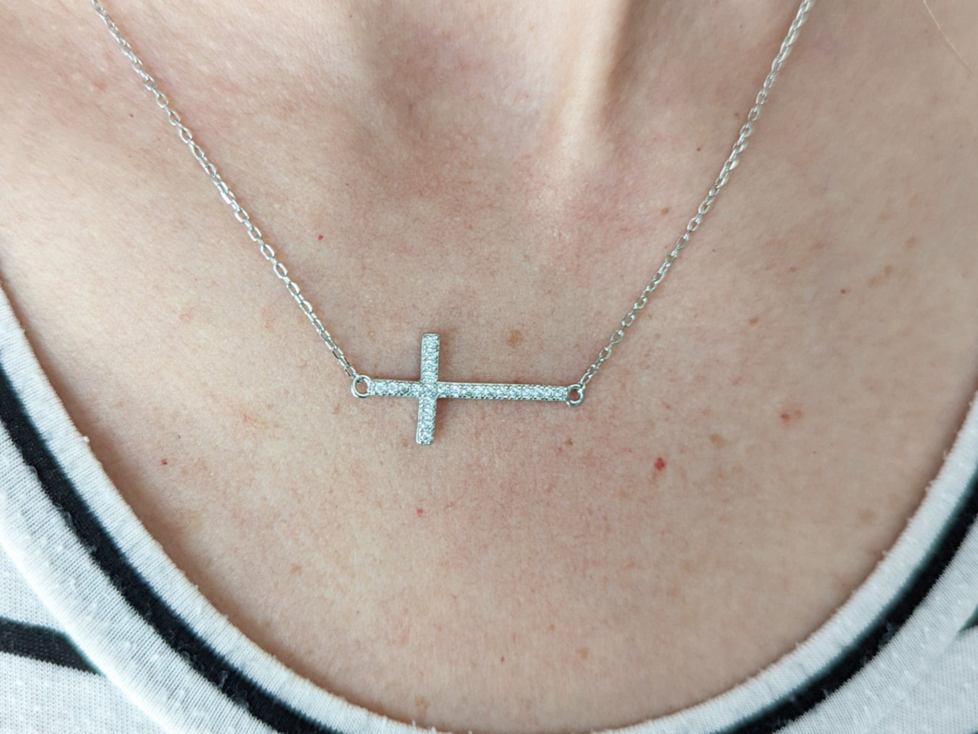Sterling Silver Sideways Cubic Zirconia Cross Necklace -