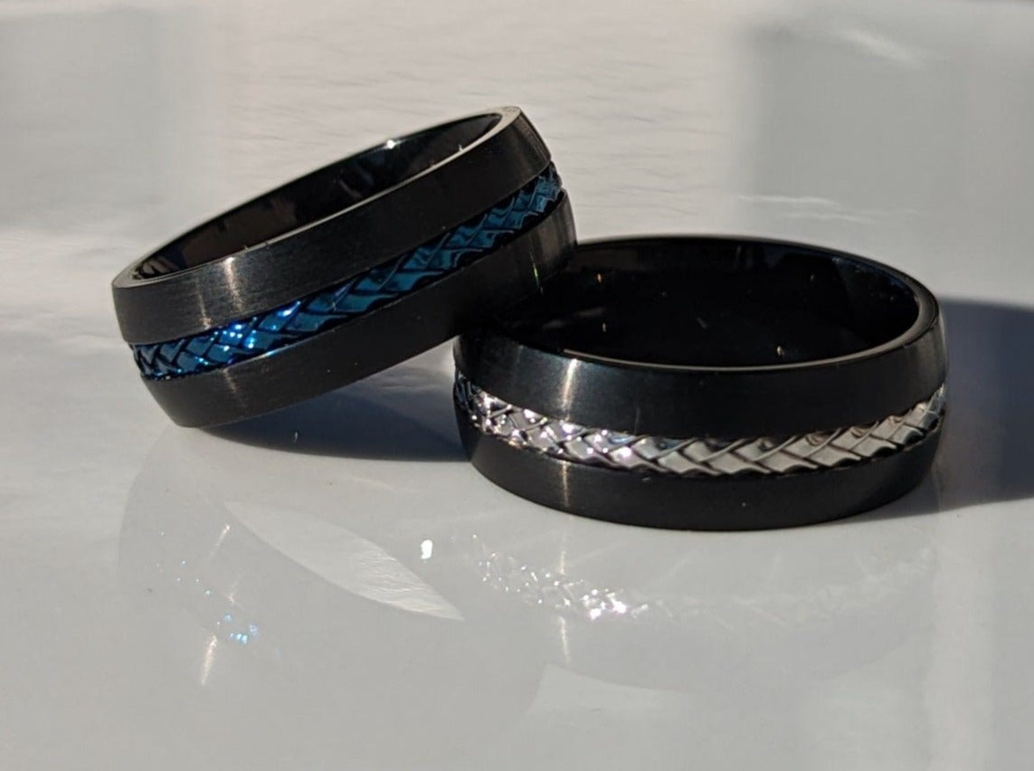 Titanium Black with Blue Steel Cable Band Ring - Men’s