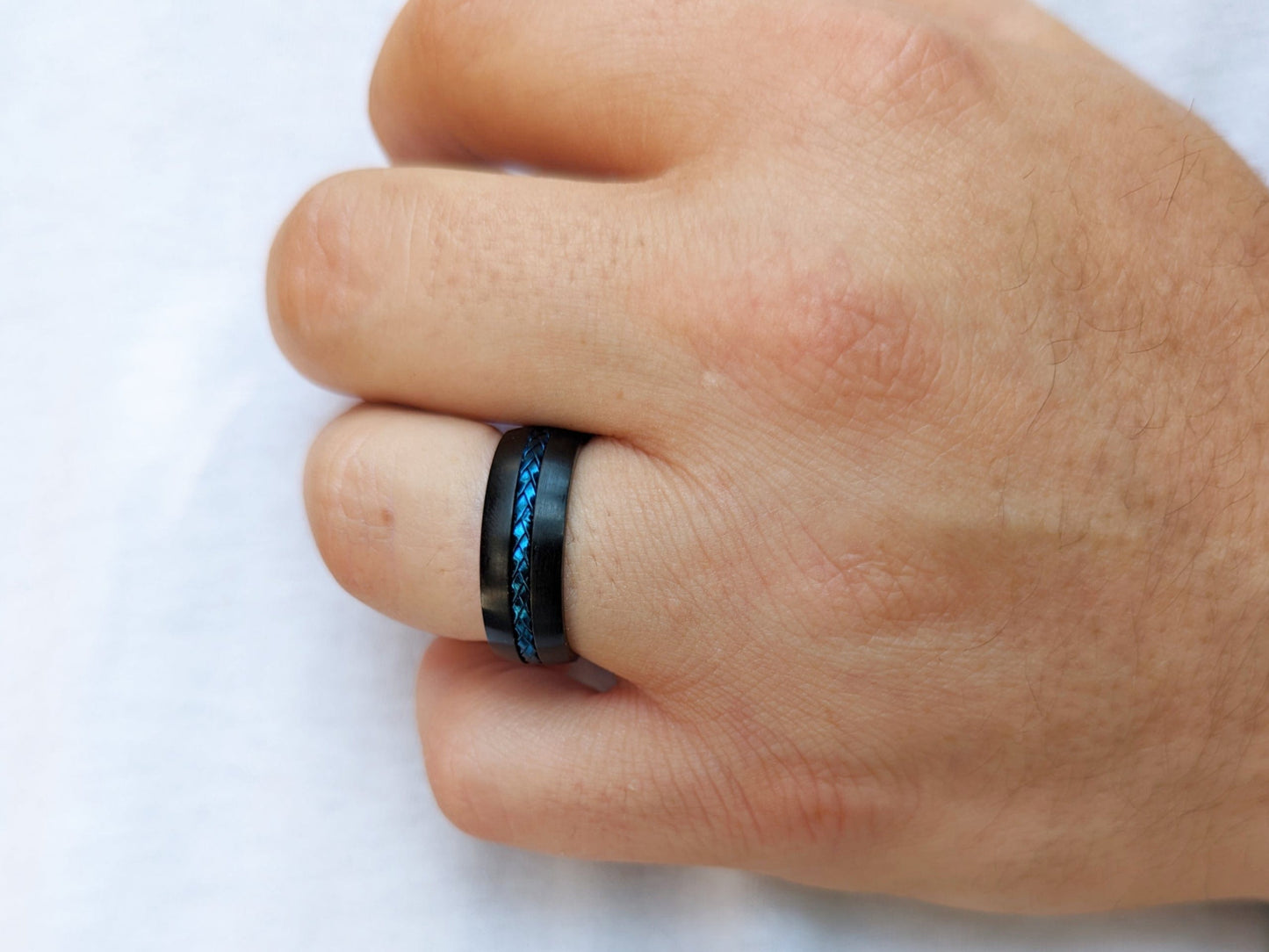 Titanium Black with Blue Steel Cable Band Ring - Men’s