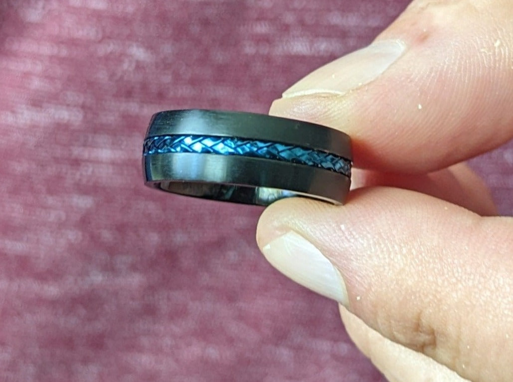 Titanium Black with Blue Steel Cable Band Ring - Men’s