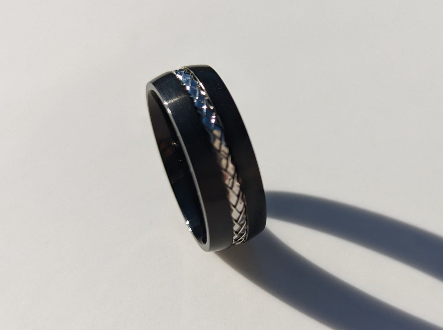 Titanium Black with Silver Steel Cable Band Ring - Men’s